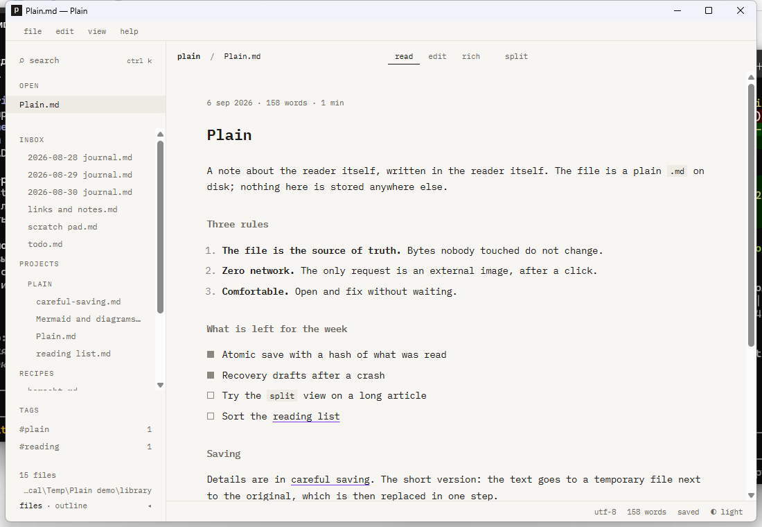 Plain in read view, light theme: a file tree on the left with inbox, projects and recipes folders, a rendered note titled Plain on the right with a task list and a Saving section.