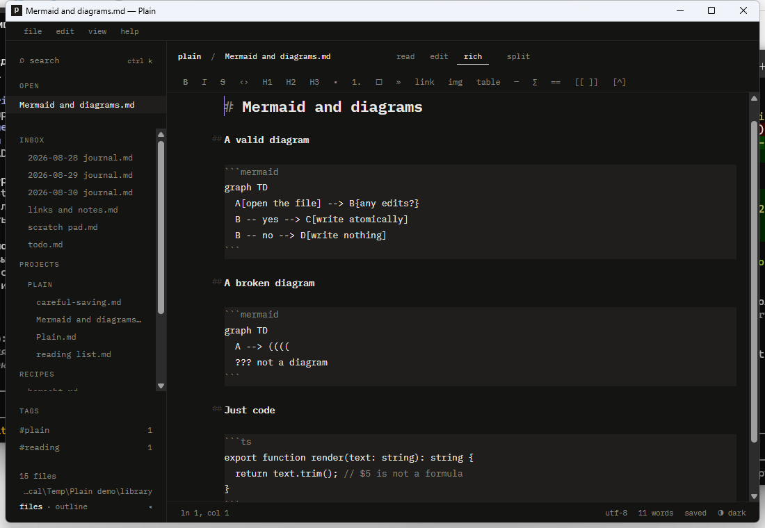 Plain in rich view, dark theme: the formatting toolbar above the editor, a note with two Mermaid code fences and a TypeScript block, markup dimmed in the left margin.